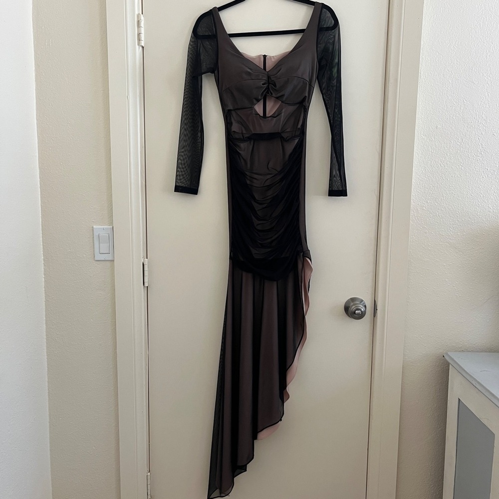 Y2K Black Mesh Bodycon Dress Small Ruched Cutout Asymmetrical Hem Goth Grunge